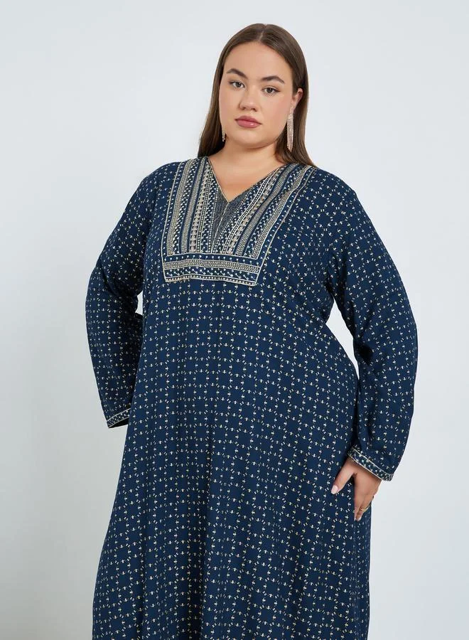 Amirah Plus Size Navy Blue Embroidered Jalabiya